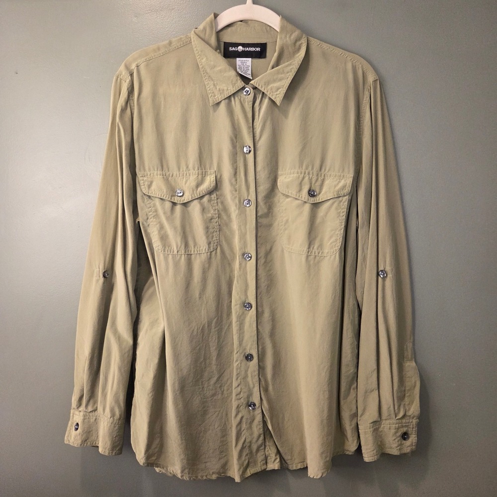 100% Silk Button Up Blouse Roll Tab Sleeves Sage Green Women's Size 12